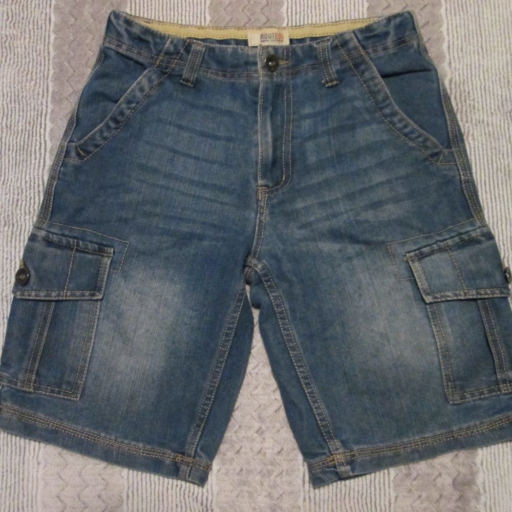 Boy's Route 66 Blue Denim Jean Cargo Shorts Adjustable Waist Size 16 MINT
